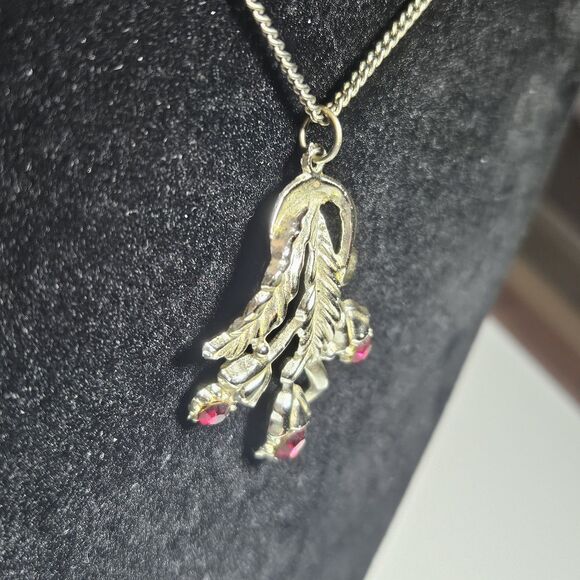 Vintage Red Aurora Borealis Crystal Floral Pendant Necklace Silver Tone 16" - Picture 6 of 15